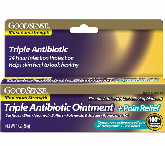 GoodSense Maximum Strength Triple Antibiotic Ointment plus Pain Relief, Soothes Painful Cuts, Scrapes, and Burns, While Preventing Infection, 1 Ounce