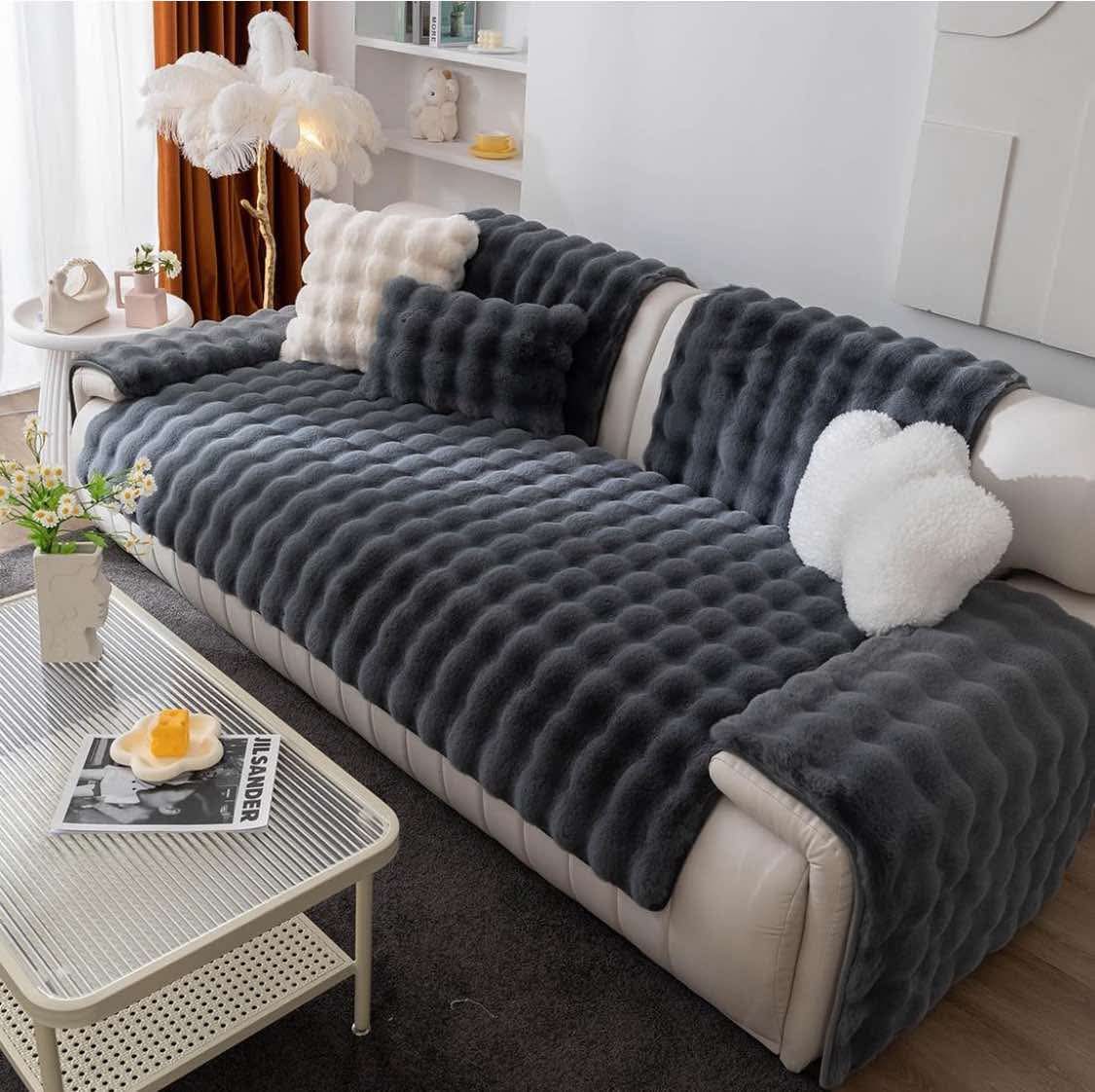 Luxury Soft Faux Fur Fleece Armrest Cover Bubble Sectional Couch Cover Fluffy Fuzzy Sofa Cover Faux Rabbit Fur Anti-Slip L Shaped Couch Cover for Dogs Cats Pet (Dark Grey,36''x36'')