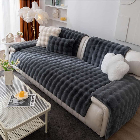 Luxury Soft Faux Fur Fleece Armrest Cover Bubble Sectional Couch Cover Fluffy Fuzzy Sofa Cover Faux Rabbit Fur Anti-Slip L Shaped Couch Cover for Dogs Cats Pet (Dark Grey,36''x36'')