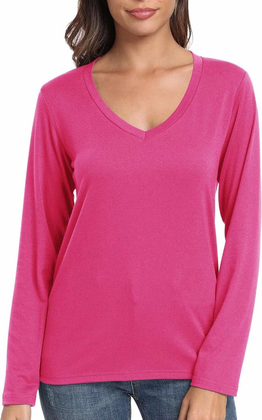 PRIMODA Women's V Neck Long Sleeve Shirts Classic Loose Fit T Shirt Top