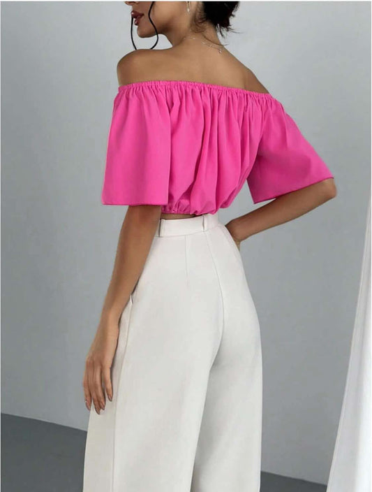 SOLY HUX Women's Off Shoulder Short Sleeve Ruched Crop Tops Blouse