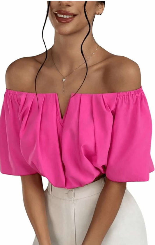 SOLY HUX Women's Off Shoulder Short Sleeve Ruched Crop Tops Blouse