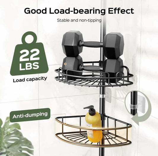 HAMITOR Corner Shower Caddy Tension Pole: 4-Tier Rust-Resistant Adjustable Bathroom Organizer Shelves - 47-121 Inch No-Drill Quick Installation - Space-Saving Storage for Renters Families - Black