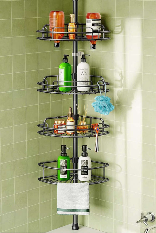 HAMITOR Corner Shower Caddy Tension Pole: 4-Tier Rust-Resistant Adjustable Bathroom Organizer Shelves - 47-121 Inch No-Drill Quick Installation - Space-Saving Storage for Renters Families - Black