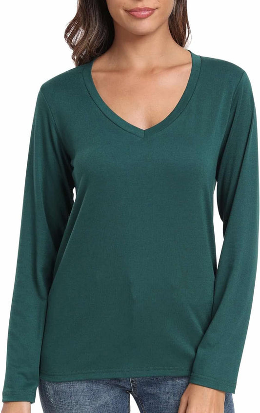 PRIMODA Women's V Neck Long Sleeve Shirts Classic Loose Fit T Shirt Top