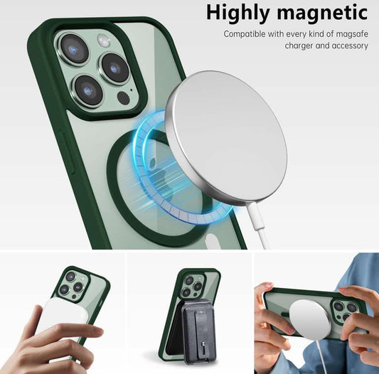 for iPhone 15 Pro Case Clear Mag Safe, Ultra Thin Slim Cover Magnetic Compatible with Magsafe Phone Case for Women Men Girl, Cute Soft TPU Silicone & Transparent Hard Plastic, Dark Green