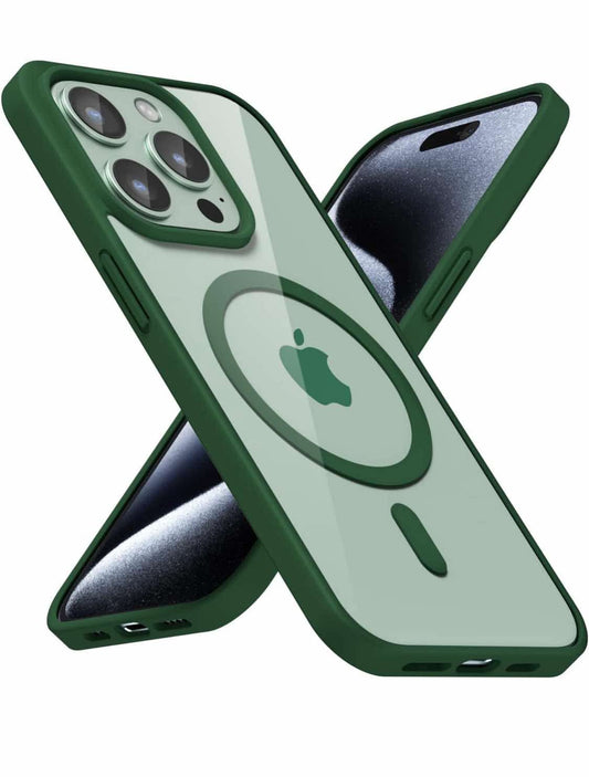 for iPhone 15 Pro Case Clear Mag Safe, Ultra Thin Slim Cover Magnetic Compatible with Magsafe Phone Case for Women Men Girl, Cute Soft TPU Silicone & Transparent Hard Plastic, Dark Green