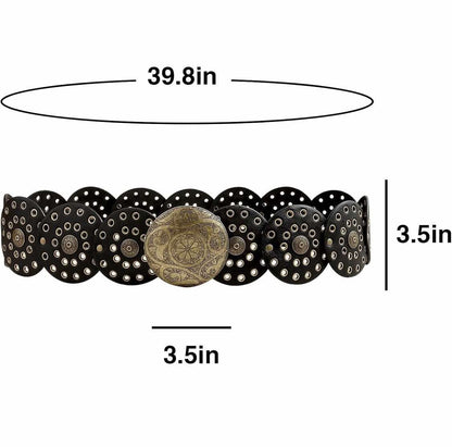 AIBEARTY Women Vintage Wide Disc Belt PU Leather Hollow Out Round Belts Western Cowgirl Waist Belt - Flip It Now