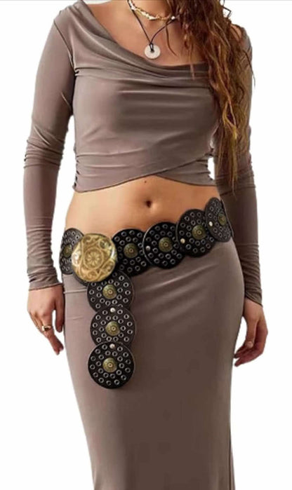 AIBEARTY Women Vintage Wide Disc Belt PU Leather Hollow Out Round Belts Western Cowgirl Waist Belt - Flip It Now