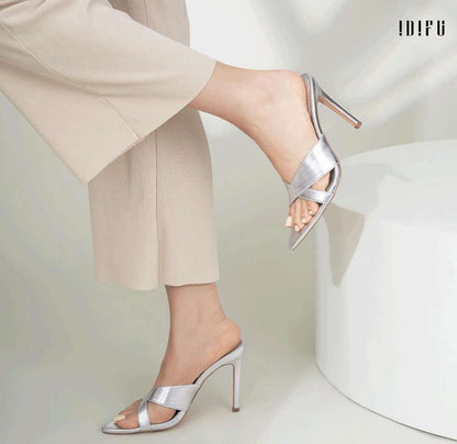 IDIFU IN4 High Heels for Women Strappy Stiletto Pointed Toe Slip On Slide Heels Comfortable Cross Strap Heel Sandals Sexy Cute Wedding Party Dress Shoes Open Toe Mule Heeled Sandals - Flip It Now