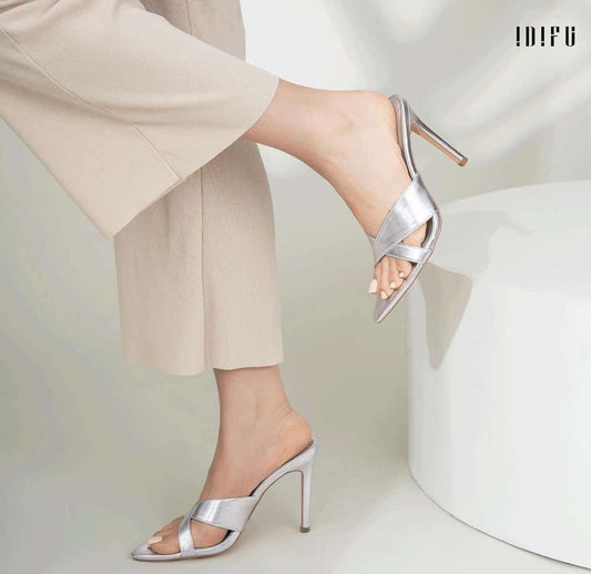IDIFU IN4 High Heels for Women Strappy Stiletto Pointed Toe Slip On Slide Heels Comfortable Cross Strap Heel Sandals Sexy Cute Wedding Party Dress Shoes Open Toe Mule Heeled Sandals
