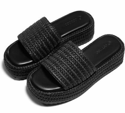 Coutgo Womens Platform Sandals Raffia Espadrilles Slip on Open Toe Cute Boho Summer Beach Slide Sandals - Flip It Now