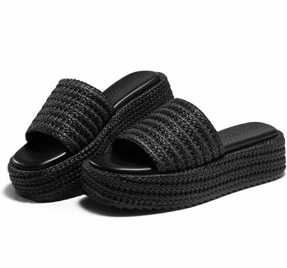 Coutgo Womens Platform Sandals Raffia Espadrilles Slip on Open Toe Cute Boho Summer Beach Slide Sandals - Flip It Now