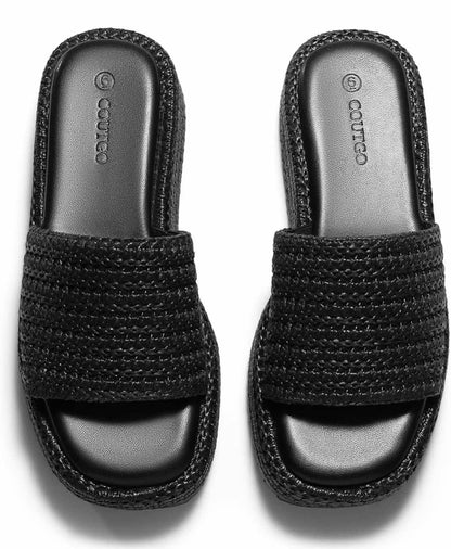 Coutgo Womens Platform Sandals Raffia Espadrilles Slip on Open Toe Cute Boho Summer Beach Slide Sandals - Flip It Now