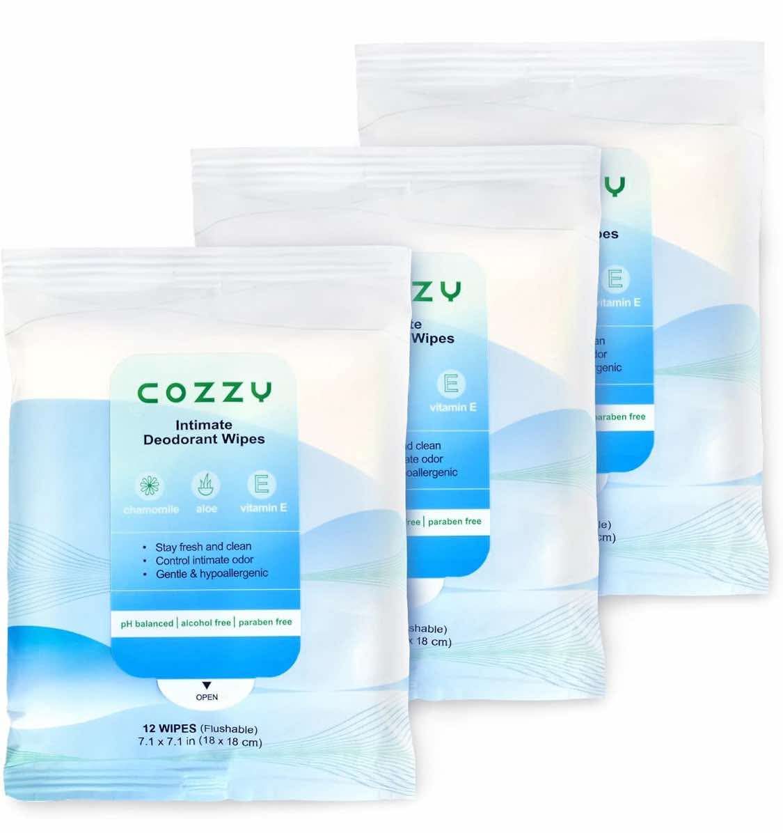 COZZY Intimate Deodorant Wipes - Flushable, Biodegradable, & Ph Balanced, Removes Odor - Gentle, All Skin Types, Alcohol Free, Paraben Free, Aluminum Free - 12 Count (Pack of 3)