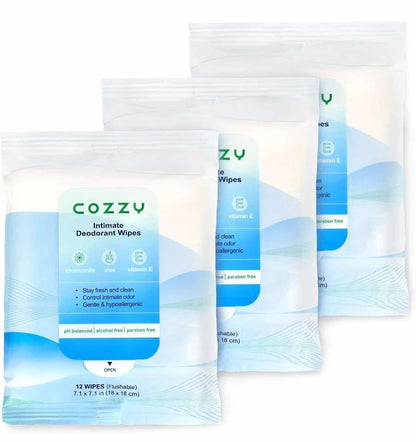COZZY Intimate Deodorant Wipes - Flushable, Biodegradable, & Ph Balanced, Removes Odor - Gentle, All Skin Types, Alcohol Free, Paraben Free, Aluminum Free - 12 Count (Pack of 3) - Flip It Now