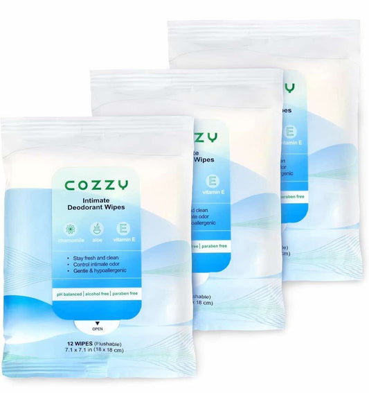 COZZY Intimate Deodorant Wipes - Flushable, Biodegradable, & Ph Balanced, Removes Odor - Gentle, All Skin Types, Alcohol Free, Paraben Free, Aluminum Free - 12 Count (Pack of 3)