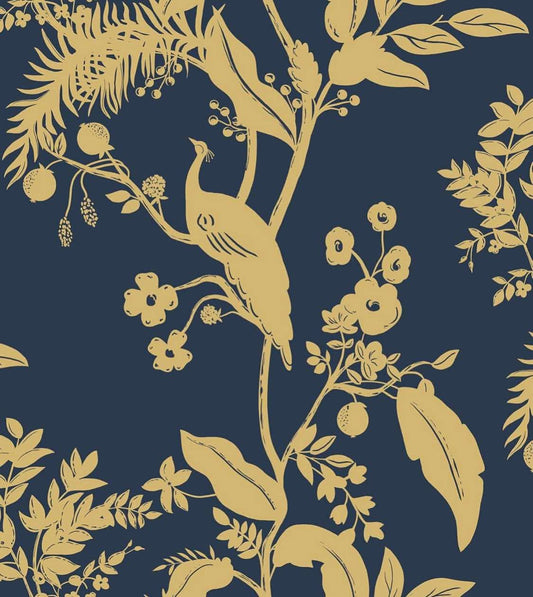 GloryTik 17.3" X 78.7" Blue and Gold Peel and Stick Wallpaper - Vintage Floral Boho Leaf/Bird/Flower Contact Paper for Walls and Furniture