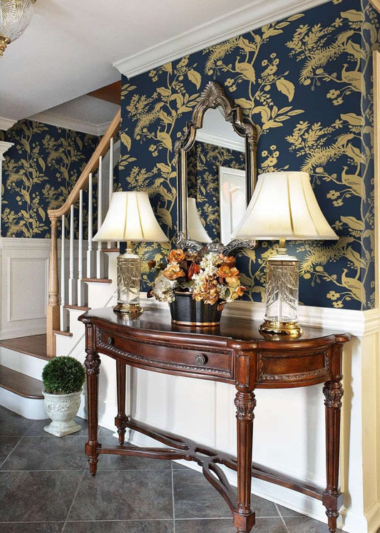 (16) GloryTik 17.3" X 78.7" Blue and Gold Peel and Stick Wallpaper - Vintage Floral Boho Leaf/Bird/Flower Contact Paper for Walls and Furniture