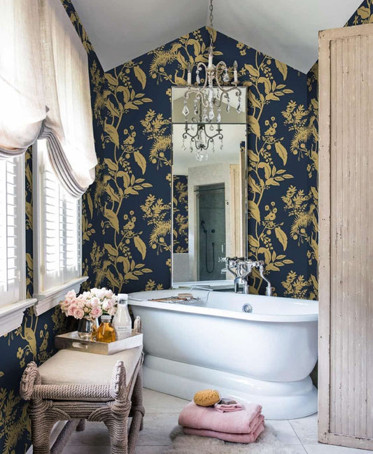 (16) GloryTik 17.3" X 78.7" Blue and Gold Peel and Stick Wallpaper - Vintage Floral Boho Leaf/Bird/Flower Contact Paper for Walls and Furniture
