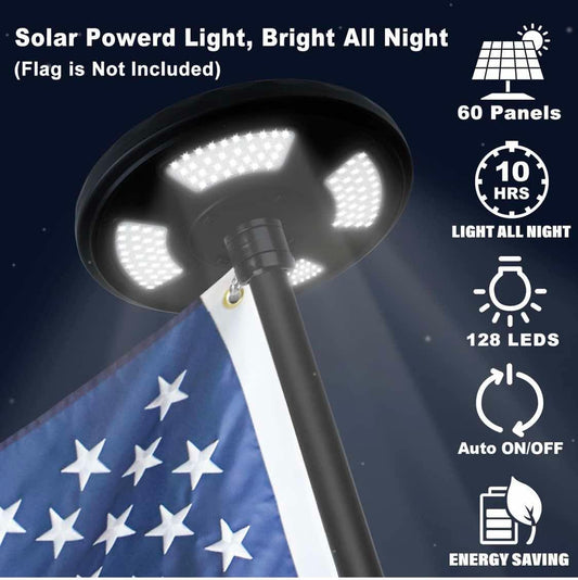 XIFAN 6 FT Flag Pole with Solar Light Kit, Metal No Tangle Pole with Holder, 128 LED Solar Powered Light, Set for 10 Hours Use for Night House Outdoor Outside, Black