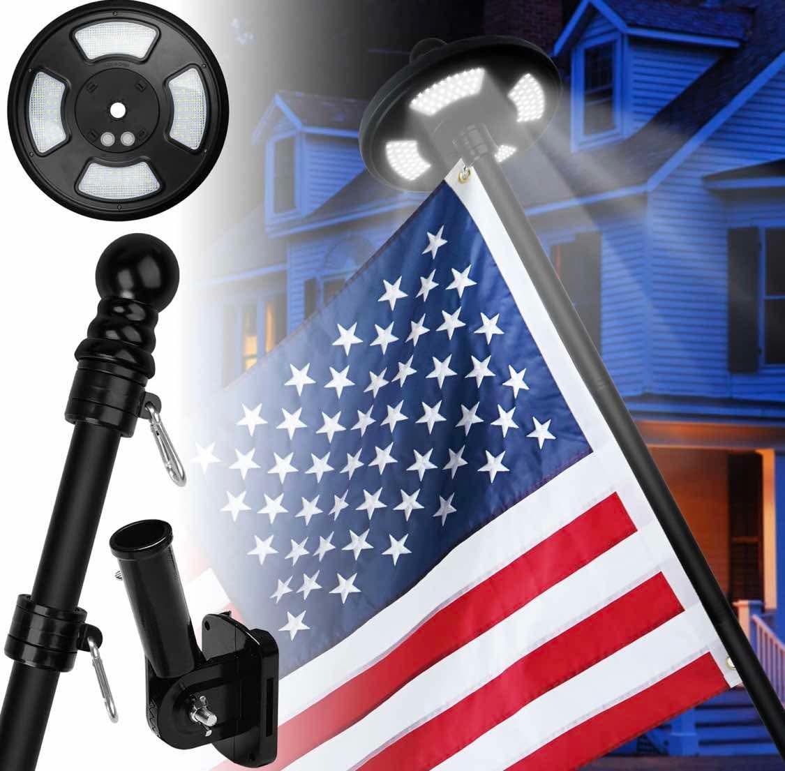 XIFAN 6 FT Flag Pole with Solar Light Kit, Metal No Tangle Pole with Holder, 128 LED Solar Powered Light, Set for 10 Hours Use for Night House Outdoor Outside, Black