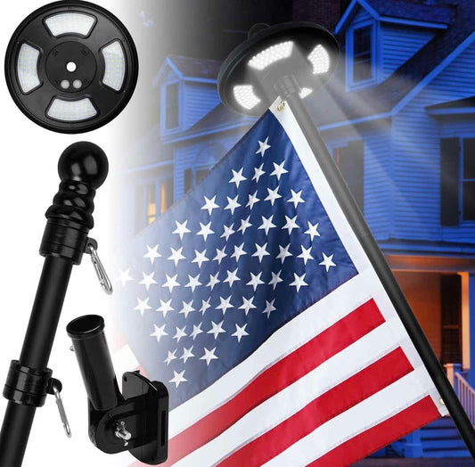XIFAN 6 FT Flag Pole with Solar Light Kit, Metal No Tangle Pole with Holder, 128 LED Solar Powered Light, Set for 10 Hours Use for Night House Outdoor Outside, Black