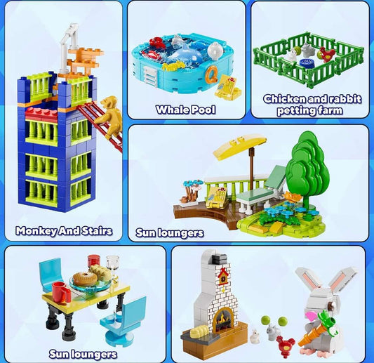 City Amusement Park Building Set for Boys, STEM Toy Building Block with Crabs, Fishes, Whale, Kittens and Chicks Animal Miniatures, Toy Gift for Kids Girls 6 7 8 9 10+ Years Old