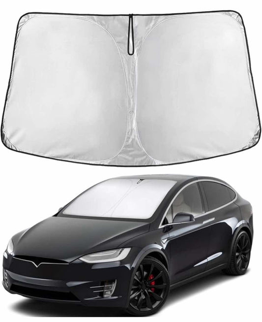 EcoNour Tesla Model X Windshield Sunshade (2016-2025) | Dual-Layer 210T Silver-Coated Material for Heat & Glare Protection | Foldable Front Window Shade | Interior Tesla Model X Accessory