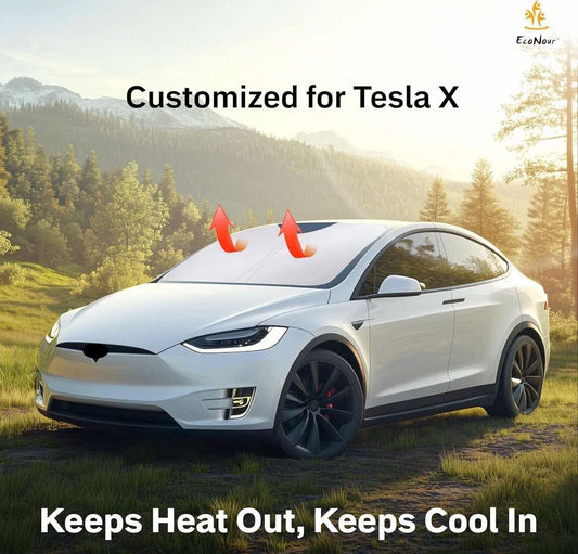 EcoNour Tesla Model X Windshield Sunshade (2016-2025) | Dual-Layer 210T Silver-Coated Material for Heat & Glare Protection | Foldable Front Window Shade | Interior Tesla Model X Accessory