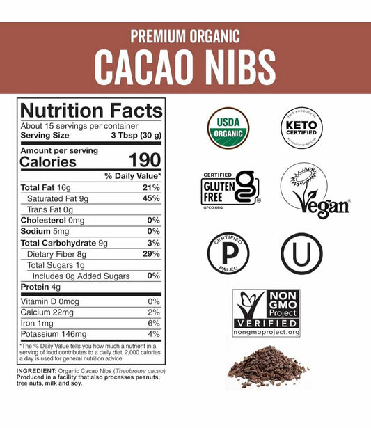 Viva Naturals Organic Cacao Nibs, 1 Lb - Certified Keto and Vegan Superfood, Perfect for Gluten Free Baking, Cacao Nib Smoothies and Healthy Snacks, Premium Criollo Beans, Non-GMO