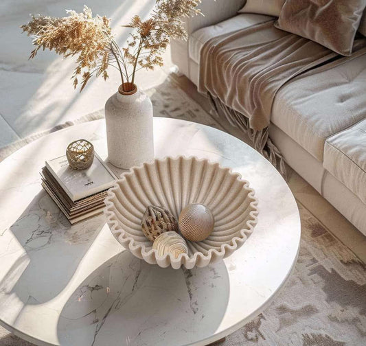 Large Decorative Bowl, Modern Handicraft Bowls for Home Decor, Decorative Fruit Bowl for Kitchen Counter, Ruffle Decor, Stylish Key Bowl for Entry Table, Artificial Stone Beige