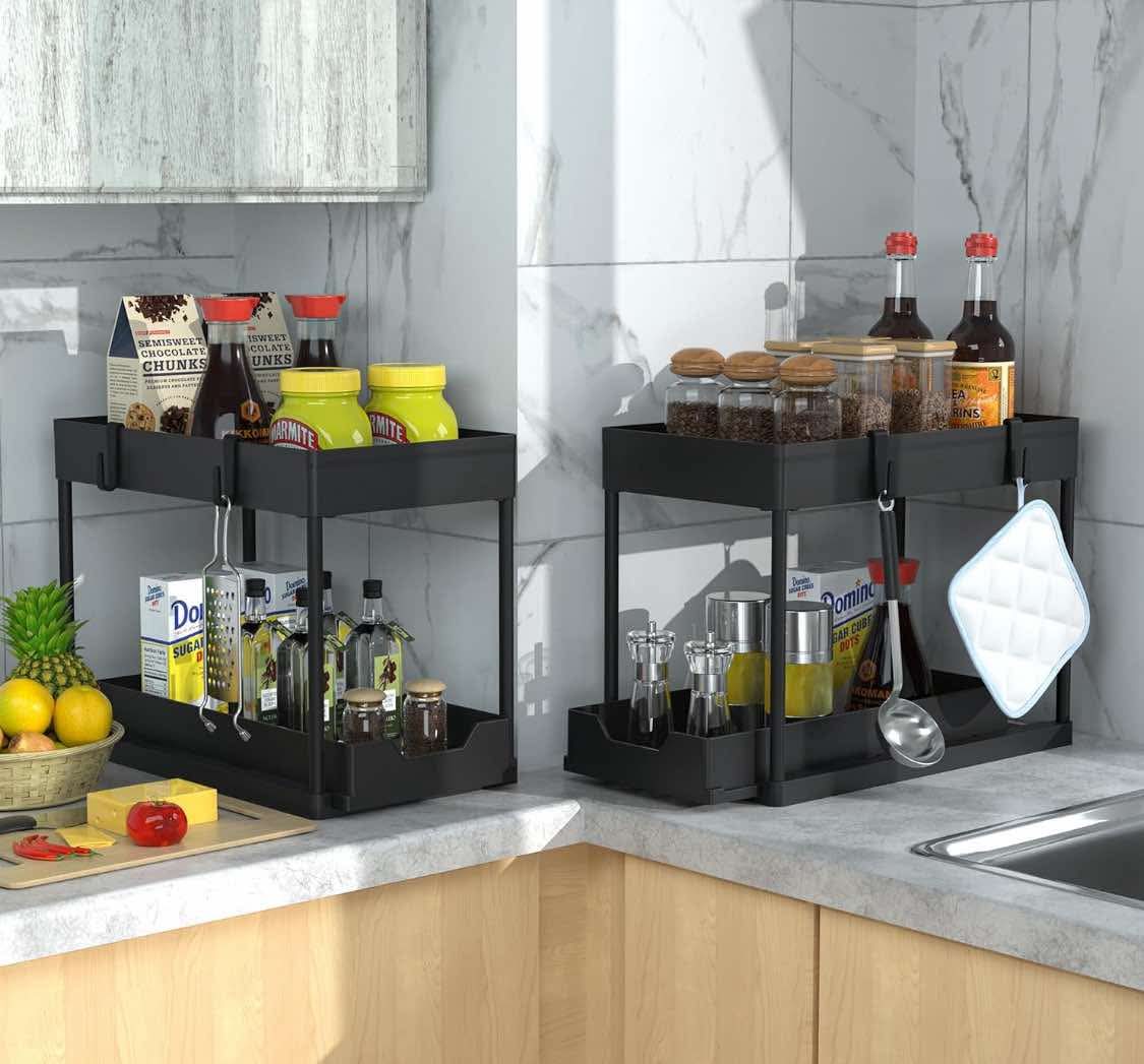Under Sink Organizer, 2 Tier Bathroom Cabinet Organizer with Sliding Basket, Multi-Purpose Under Sink Organizers and Storage for Bathroom Kitchen