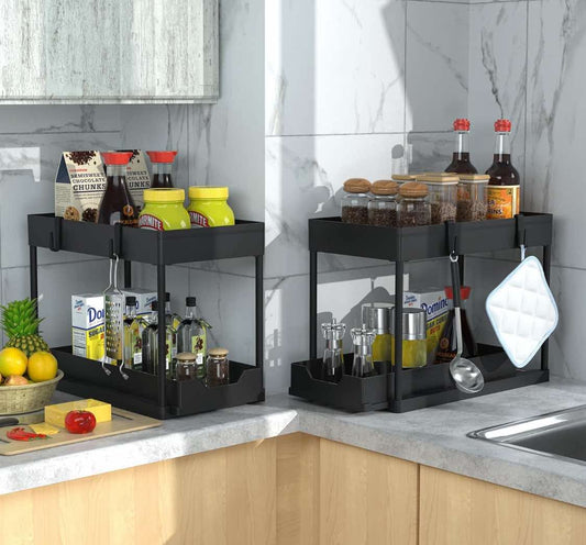 Under Sink Organizer, 2 Tier Bathroom Cabinet Organizer with Sliding Basket, Multi-Purpose Under Sink Organizers and Storage for Bathroom Kitchen