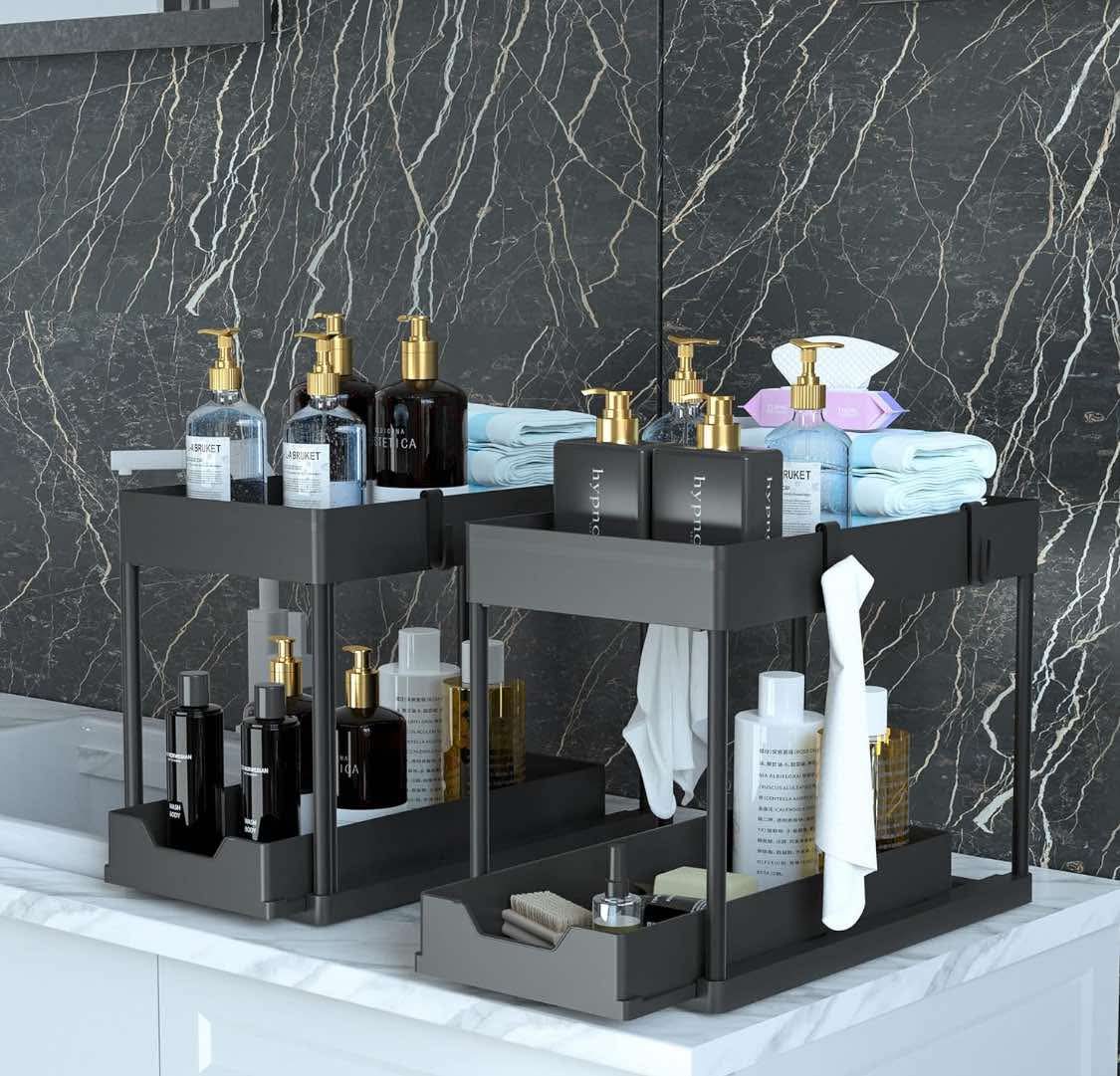 Under Sink Organizer, 2 Tier Bathroom Cabinet Organizer with Sliding Basket, Multi-Purpose Under Sink Organizers and Storage for Bathroom Kitchen