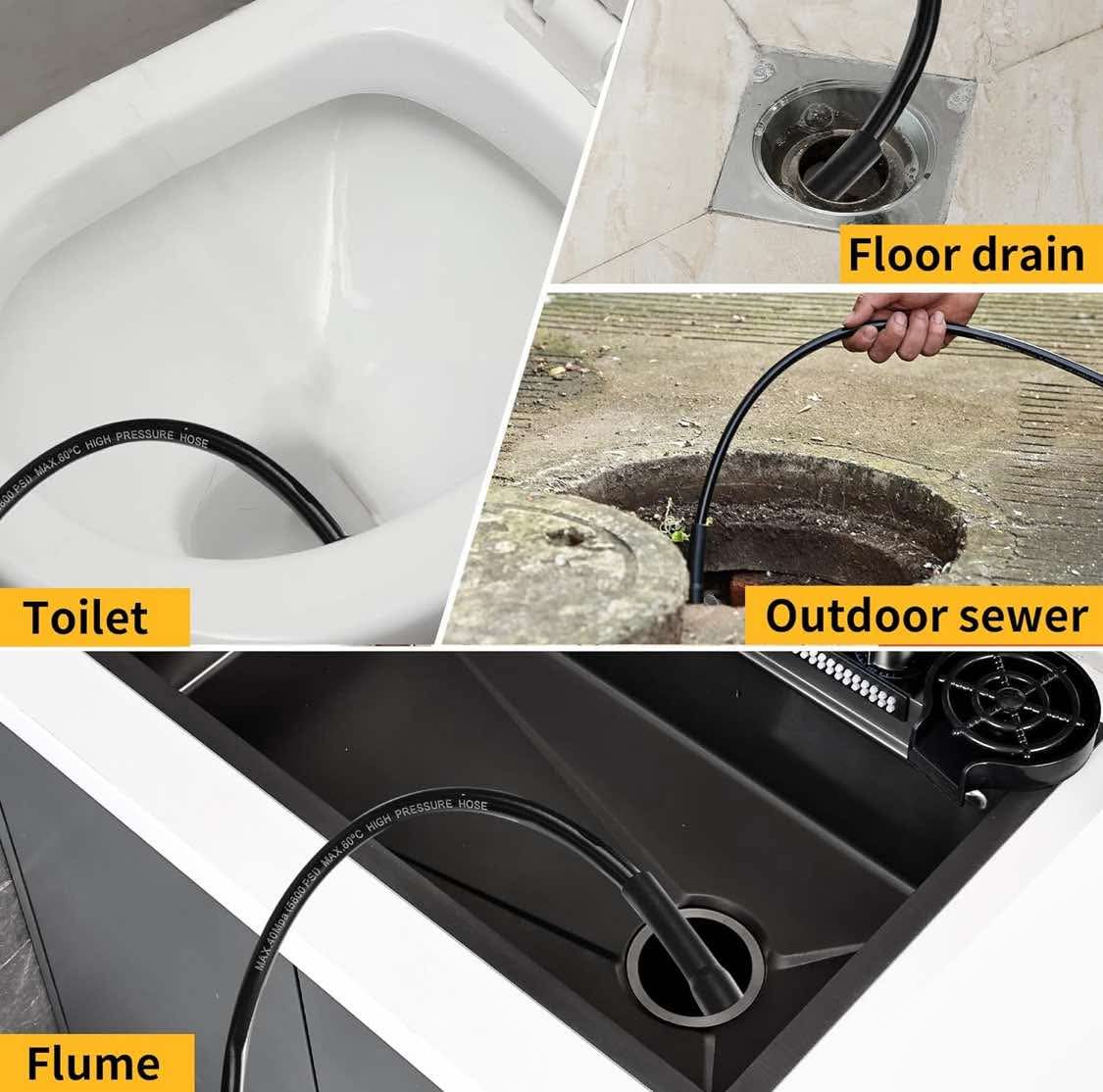 Sewer Jetter Kit for Pressure Washer, 75Ft X1/4" Water Jet Drain Cleaner Hose, Rotating and Button Nose Sewer Jetting Nozzles Waterproof Tape,Orifice 4.0 4.5,1/4 Inch NPT,5800 PSI