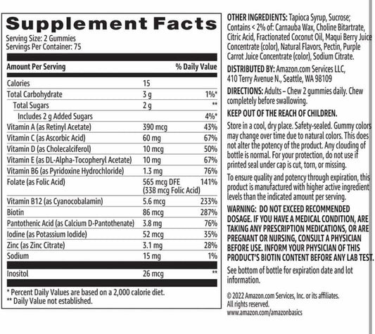 Amazon Basics Adult Multivitamin Gummies, Mixed Berry & Cherry, 150 Gummies, 75-Day Supply, Pack of 1 (Previously Solimo)
