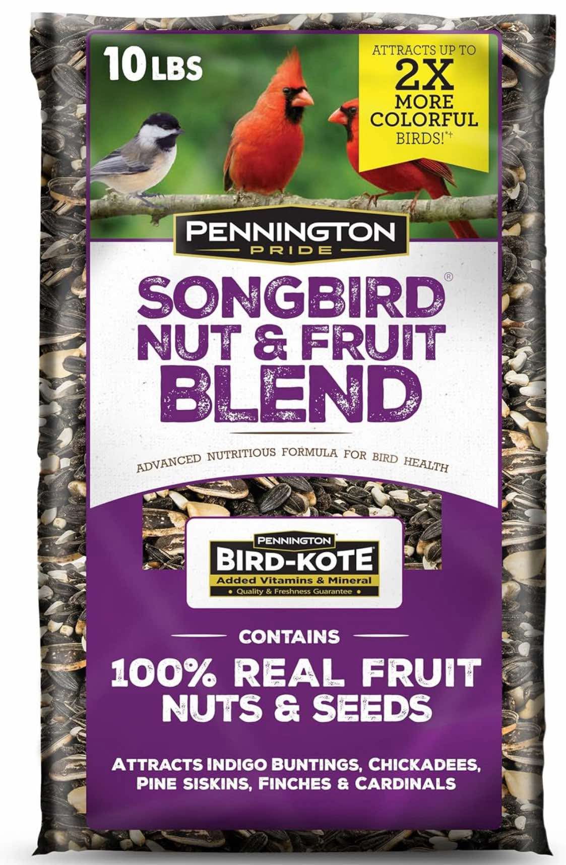 Pennington Pride Songbird Nut & Fruit Blend, Wild Bird Seed for Outside Feeders, Advanced Nutrition Formula for Bird Health, 10-lb. Bag