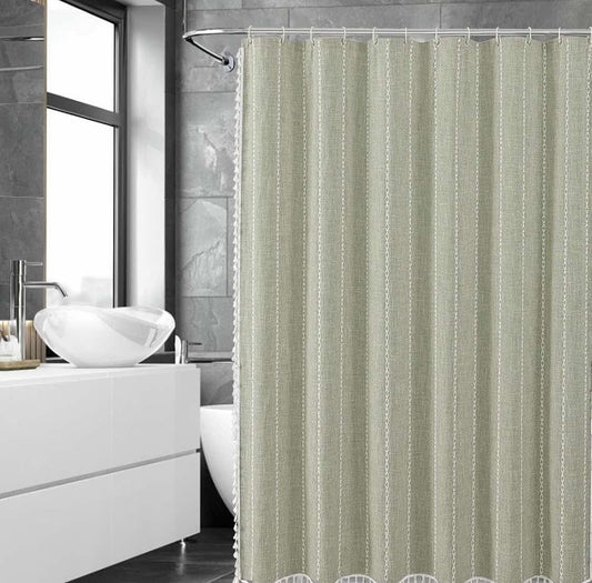 Boho Farmhouse Shower Curtain for Bathroom, Linen Striped Fabric Shower Curtain Set with Tassel,Bohemian Vintage Country Cloth Curtains with 12 Hooks,72 x 72 inches (Green)