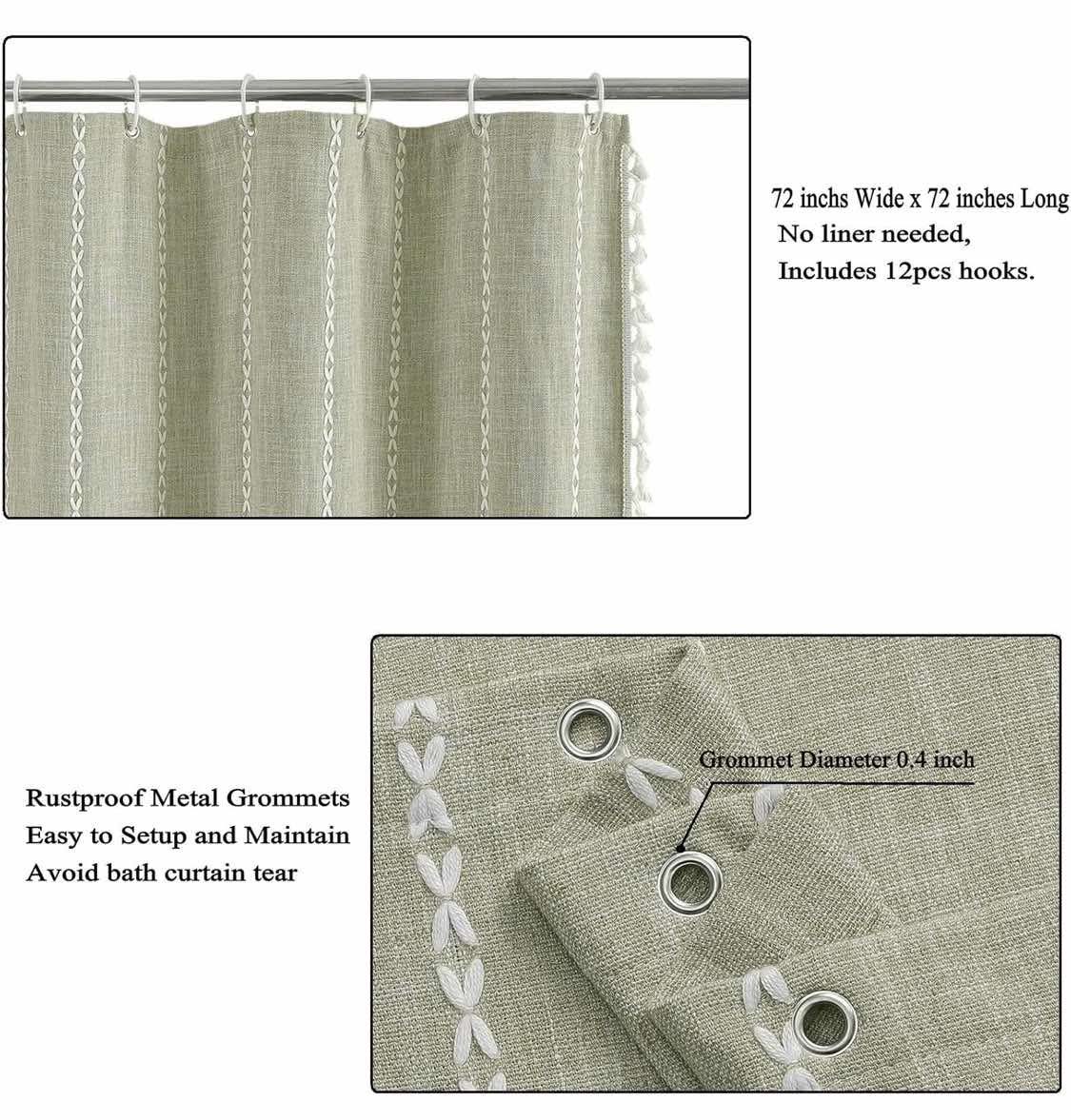 Boho Farmhouse Shower Curtain for Bathroom, Linen Striped Fabric Shower Curtain Set with Tassel,Bohemian Vintage Country Cloth Curtains with 12 Hooks,72 x 72 inches (Green)