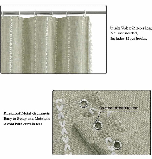 Boho Farmhouse Shower Curtain for Bathroom, Linen Striped Fabric Shower Curtain Set with Tassel,Bohemian Vintage Country Cloth Curtains with 12 Hooks,72 x 72 inches (Green)