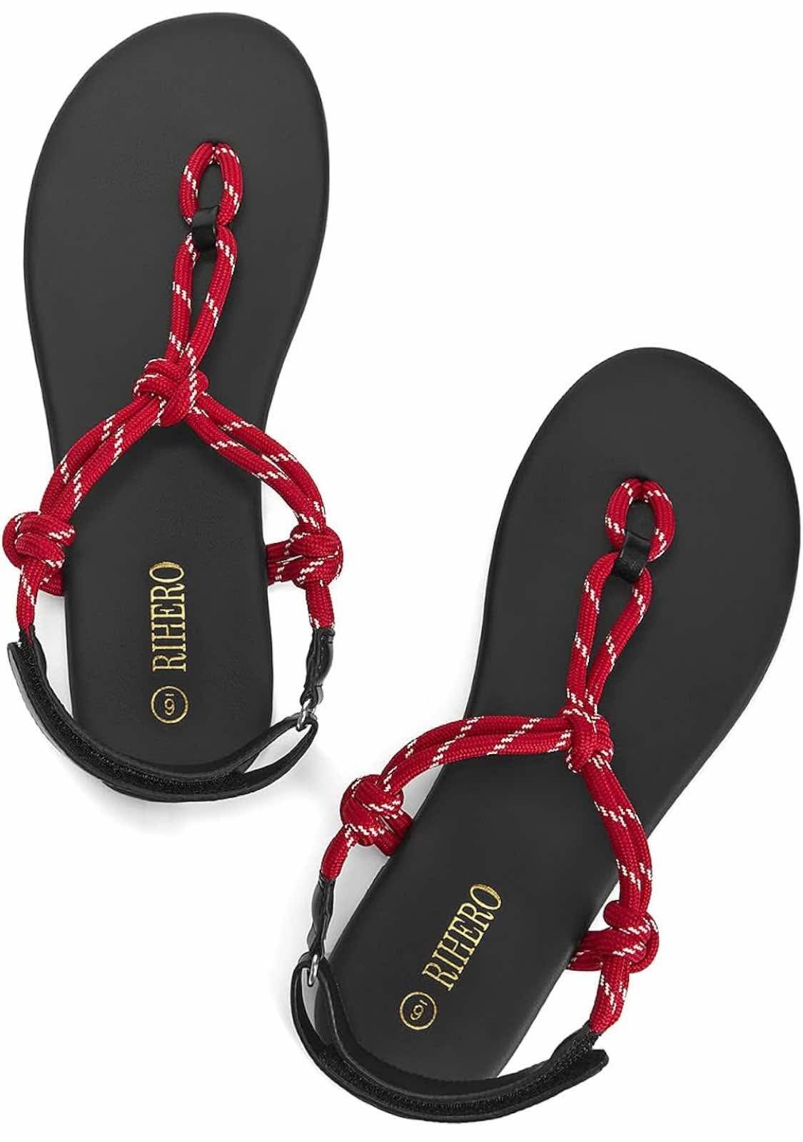 (10 pairs) Rihero Rope Thong Sandals for Women Ankle Strap Slip On Comfortable Beach Flat Sandals