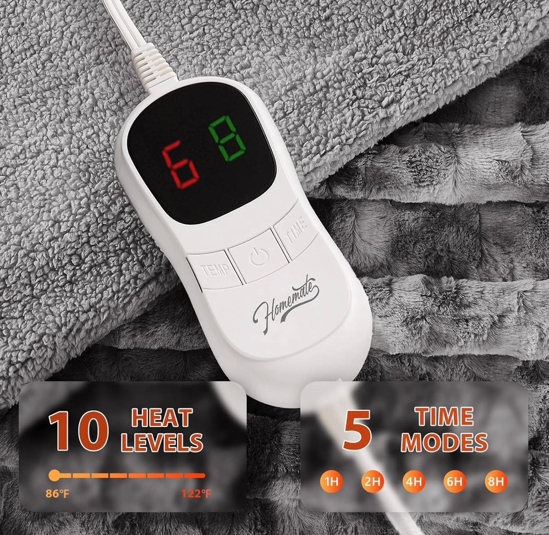 Heated Blanket Throw with 1/2/4/6/8 Hours Auto-Off 10 Heat Level, 62'' * 84'' Cozy Faux Rabbit Fur Bubble Electric Blanket with Overheat Protection(Dark Grey twin size - Flip It Now